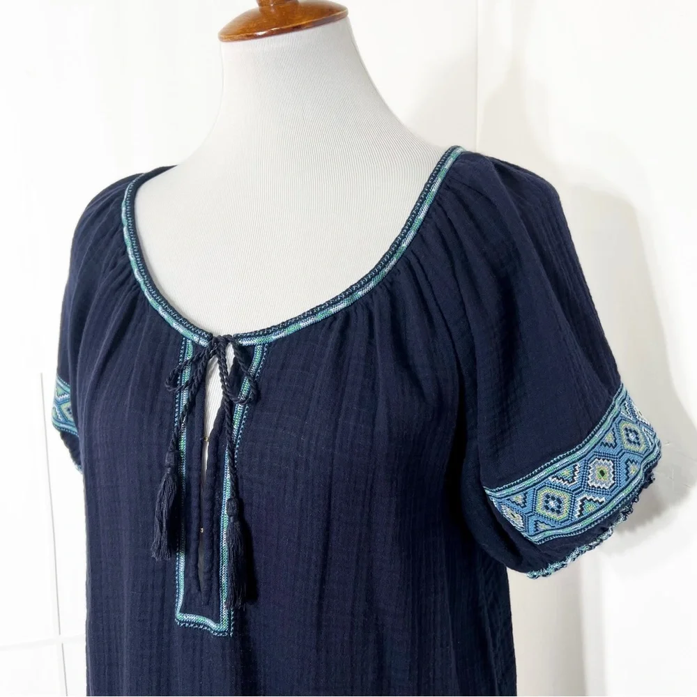 J. Crew Embroidered Tie Neck Navy Blue Short Sleeve Peasant Blouse